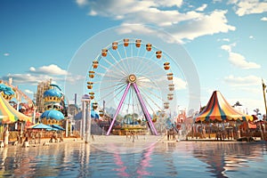 Coastal carnival with colorful Ferris wheel and. Generative ai