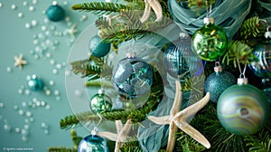 Coastal Christmas Theme with Blue and Green Ornaments