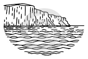 coastal cliff line drawing ocean waves, rugged shoreline, artistic landscape illustration, AI Generative photo