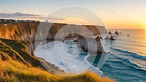 A coastal cliff overlooking the ocean during the golden hour of sunrise.