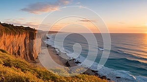 A coastal cliff overlooking the ocean during the golden hour of sunrise.