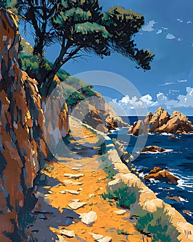 Coastal Cliff Path, Italy, Europe, Fine Art, Vibrant Painting, Ocean, Art, Landscape