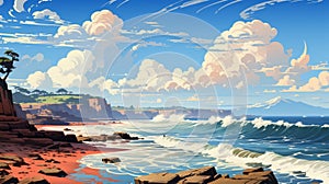 Coastal cliff with powerful waves crashing flat illustration photo