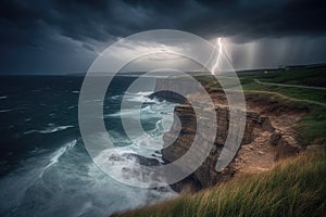 coastal cliff with view of stormy sea and lightning strikes