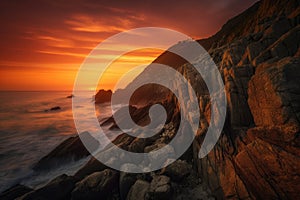 coastal cliffs with dramatic sunset in the background, casting warm and vibrant colors