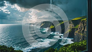 Dramatic Coastal Cliffs and Ocean Waves under a Stormy Sky