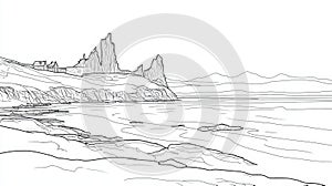 Coastal Cliffscape Line Drawing A simple line drawing depicting a serene coastal scene with dramatic cliffs a calm sea and a photo