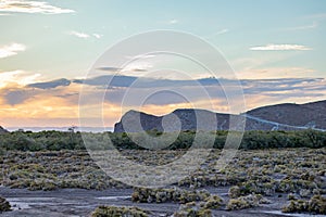 Coastal desert landscape at sunset