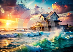 Coastal Drama Stunning Double Exposure of Waves Crashing Against a Seaside Home photo