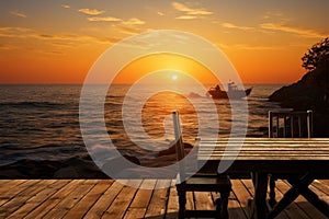 Coastal elegance An empty table graced by a stunning sea sunset photo