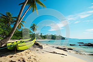 Coastal enchantment Coconut palm on a serene beach, overlooking tropical sea paradise