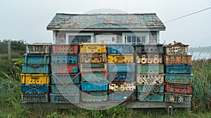 coastal fishing culture, typical scene at seaside seafood shacks: piles of blue crab, clam, and lobster traps, a common