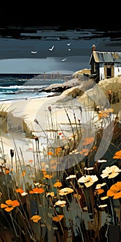 Coastal House: Digital Art Print On Canvas With Mixed Styles