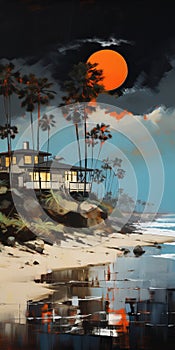 Coastal House Mural Oil Painting Print On Canvas - Craig Mullins & Bernard Buffet Style