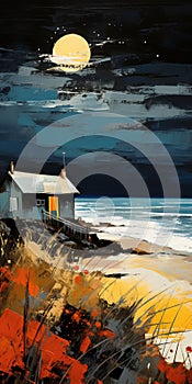Coastal House With Thatched Roof: Conceptual Art Oil Painting Print