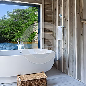 A coastal-inspired bathroom with whitewashed wood paneling, seashell decor, and a clawfoot bathtub for a beachy retreat2, Genera