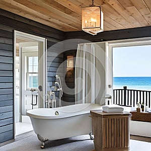A coastal-inspired bathroom with whitewashed wood paneling, seashell decor, and a clawfoot bathtub for a beachy retreat3, Genera