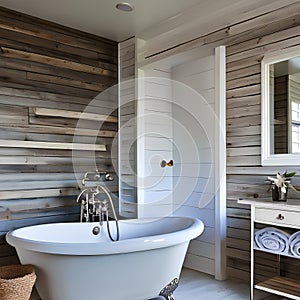 A coastal-inspired bathroom with whitewashed wood paneling, seashell decor, and a clawfoot bathtub for a beachy retreat5, Genera