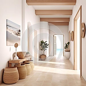 Coastal interior design of modern entrance hall with louvered door and stone tiled floor. Created with generative AI photo