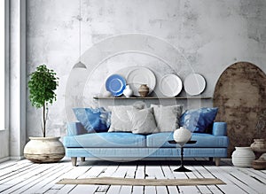Coastal interior design of modern living room with blue sofa and stucco distressed wall. Created with generative AI