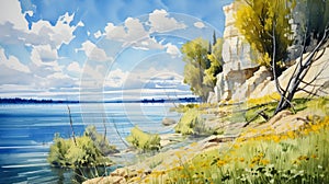 Coastal Lake View Painting In The Style Of Genndy Tartakovsky