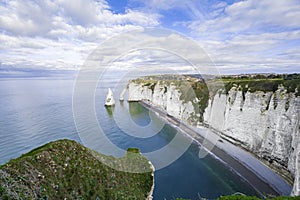 Coastal landscape along the Falaise d'Aval the famous white cliffs of Etretat village