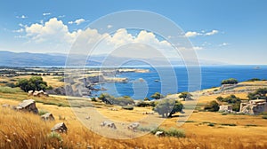 Coastal Landscape Of An Antique Greek Island: Realistic Oil Painting