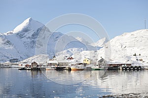 Coastal landscape and fishing village Sund in Flakstadoya Loftofen Norway