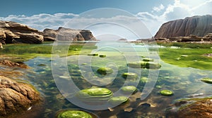 Coastal landscape with primitive ancient lifeforms and green algae. Generative AI