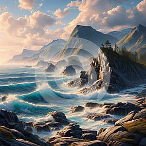 Coastal landscape with waves breaking against a rocky shore 