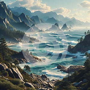 Coastal landscape with waves breaking against a rocky shore 