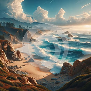 Coastal landscape with waves breaking against a sandy beach 