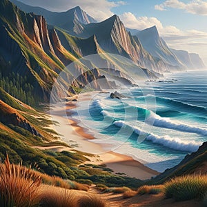 Coastal landscape with waves breaking against a sandy beach 