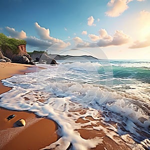 coastal landscape with waves breaking against a sandy beach  