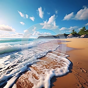 coastal landscape with waves breaking against a sandy beach  