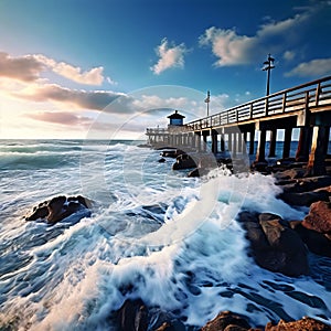 coastal landscape with waves crashing against a pier k uhd ver