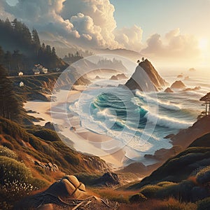 Coastal landscape with waves crashing against a sandy beach, ph