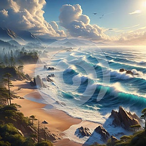 Coastal landscape with waves crashing against a sandy beach,ph