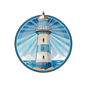 Coastal Lighthouse Beacon Shining Bright Over Sandy Shore and Ocean Waves