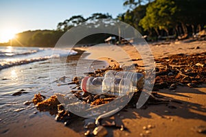 Coastal litter post-storm. Seashore pollution debris. Environmental impact of beach waste