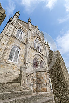 Coastal location around st michaels mount in cornwall england uk. Lookout post in Marizion harbour. White castlated building next