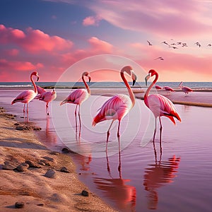 Coastal Majesty: Pink Flamingos in a Picturesque Beachscape