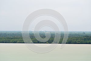 Coastal mangrove forest scenery. Aerial view from the seaside. Seascape with ocean, trees and radio communications tower. Island