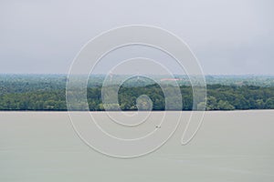 Coastal mangrove forest scenery. Aerial view from the seaside. Seascape with ocean, trees and radio communications tower. Island