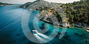 Coastal Mediterranean Paradise Aerial View of Boat on Crystal Clear Waters. Generative AI