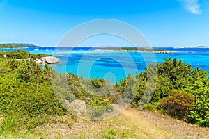 Coastal path along beautiful seaPath along coast with turquoise sea water near Grande Sperone beach, Corsica island, France