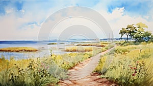 Coastal Path Watercolor Painting: High Detailed Marshland View