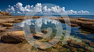 Coastal Rocks Reflecting Clouds In Clear Ocean Water