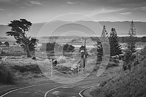 Coastal, rural landscape scene with road, Mahia Peninsula, East Coast, North Island, New Zealand