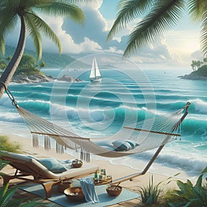 Coastal scene with palm trees and a hammock overlooking thewav